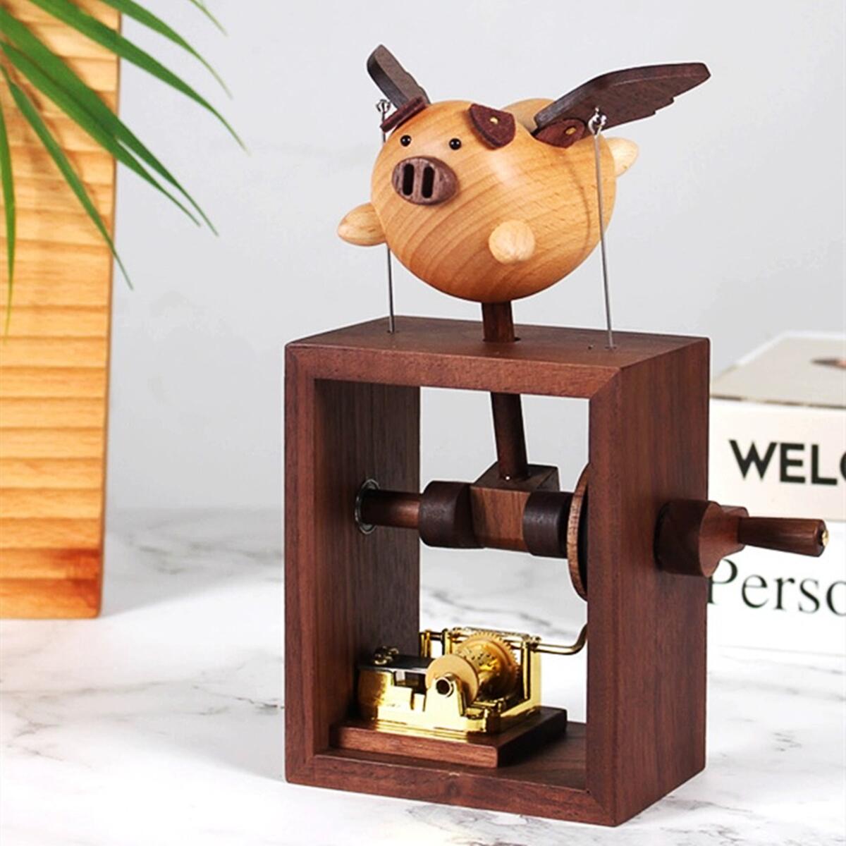 Handmade Flying Pig Wooden Hand-Crank Music Box (Melody : Castle in the Sky)
