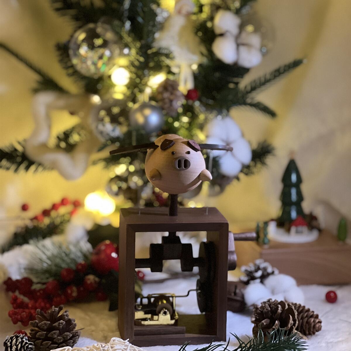 Handmade Flying Pig Wooden Hand-Crank Music Box (Melody : Castle in the Sky)
