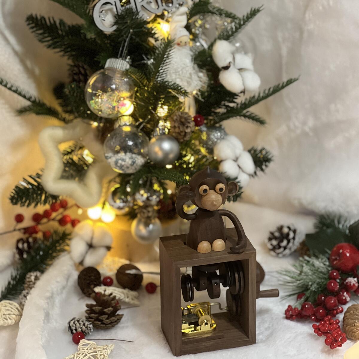Handmade Monkey-Themed Wooden Hand-Crank Music Box (Melody Castle in the Sky)