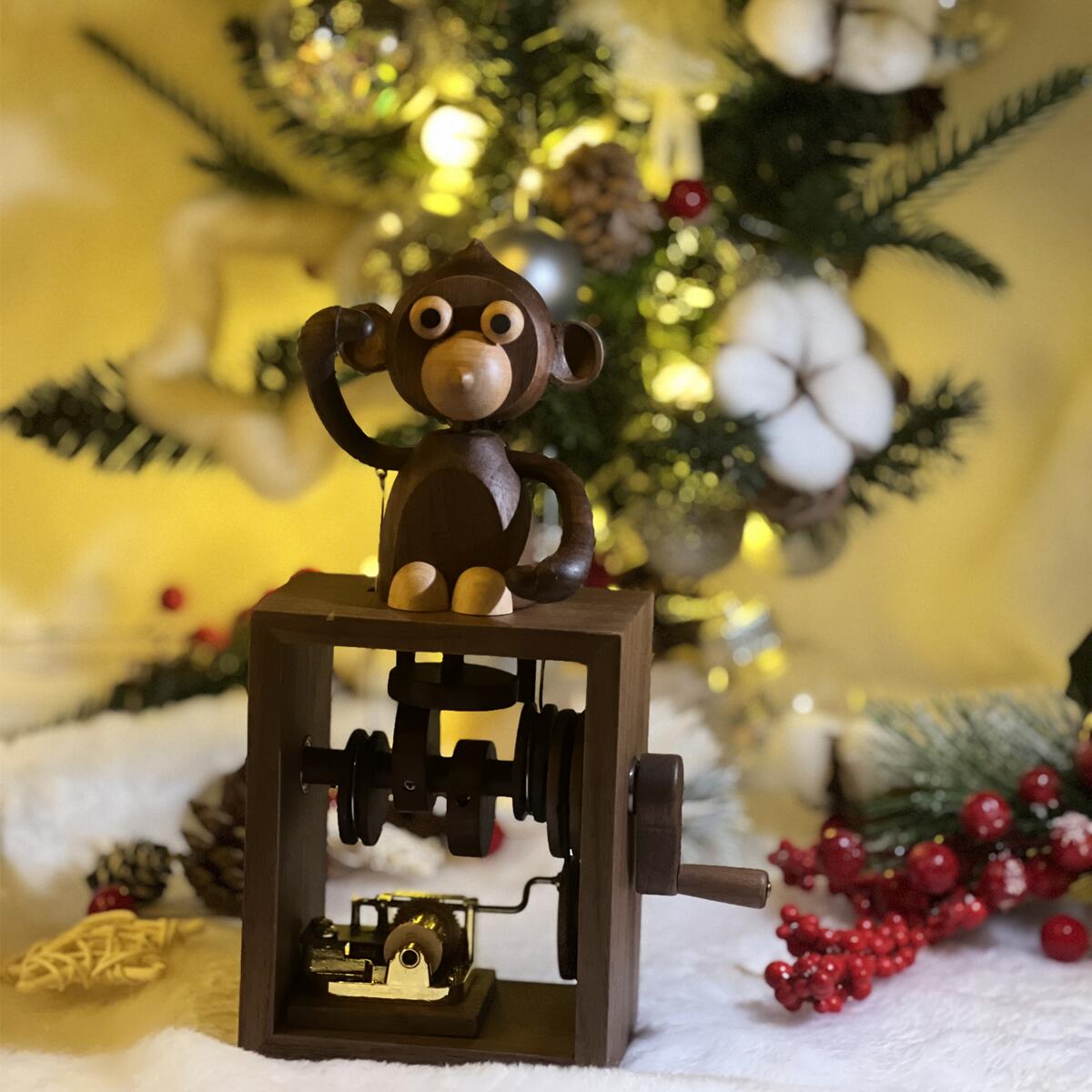 Handmade Monkey-Themed Wooden Hand-Crank Music Box (Melody Castle in the Sky)