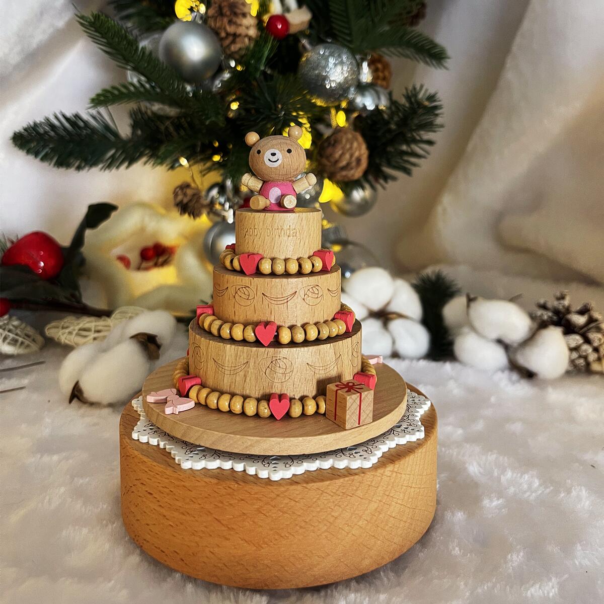 Spinning Bear Birthday Cake Music Box (Melody Happy Birthday)
