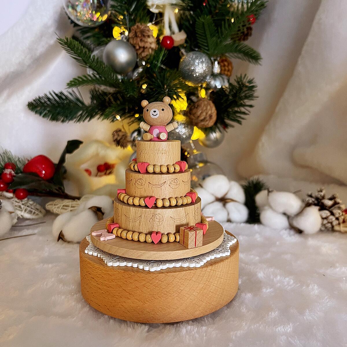 Spinning Bear Birthday Cake Music Box (Melody Happy Birthday)