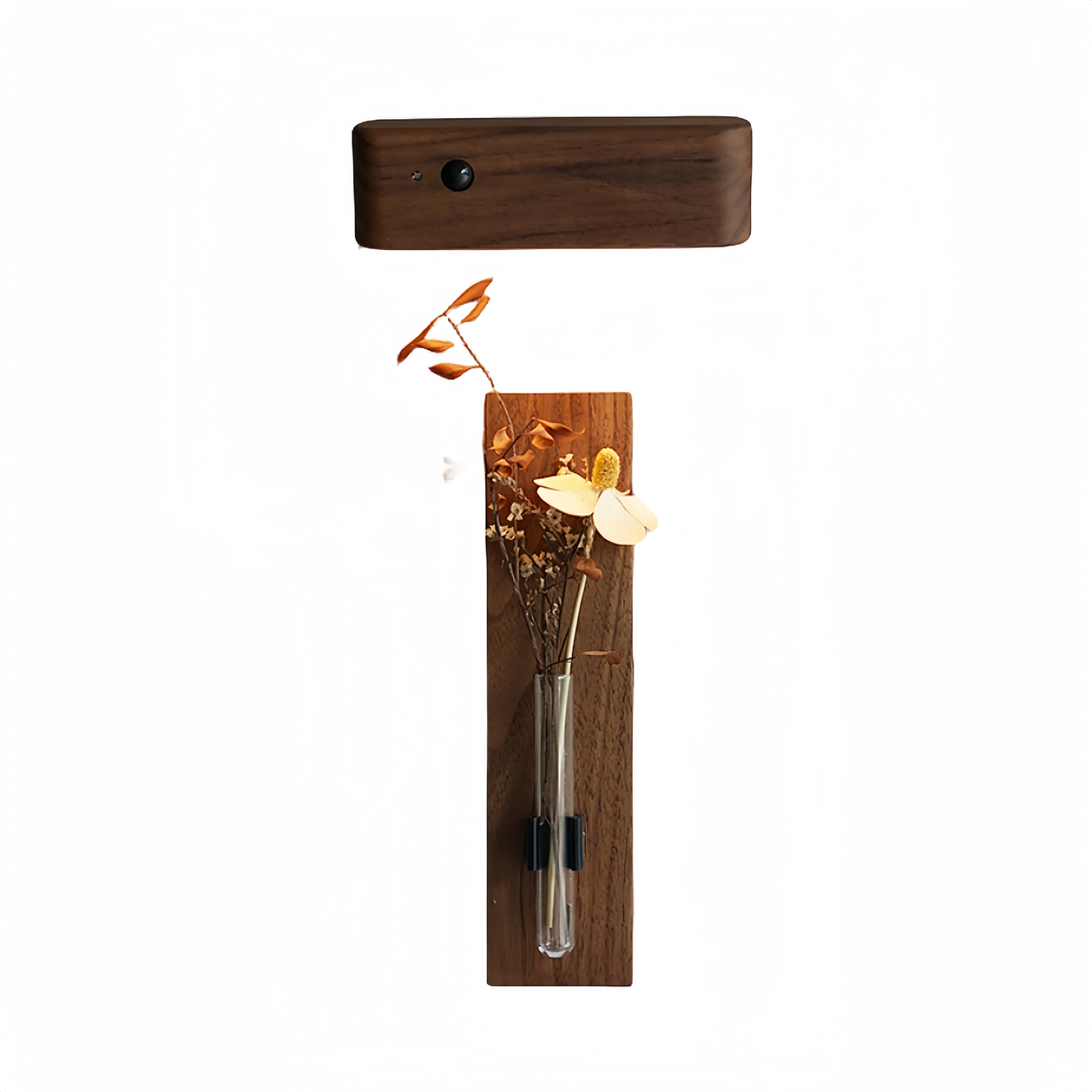 Wall-mounted, hole-free walnut solid wood small vase and motion sensor light
