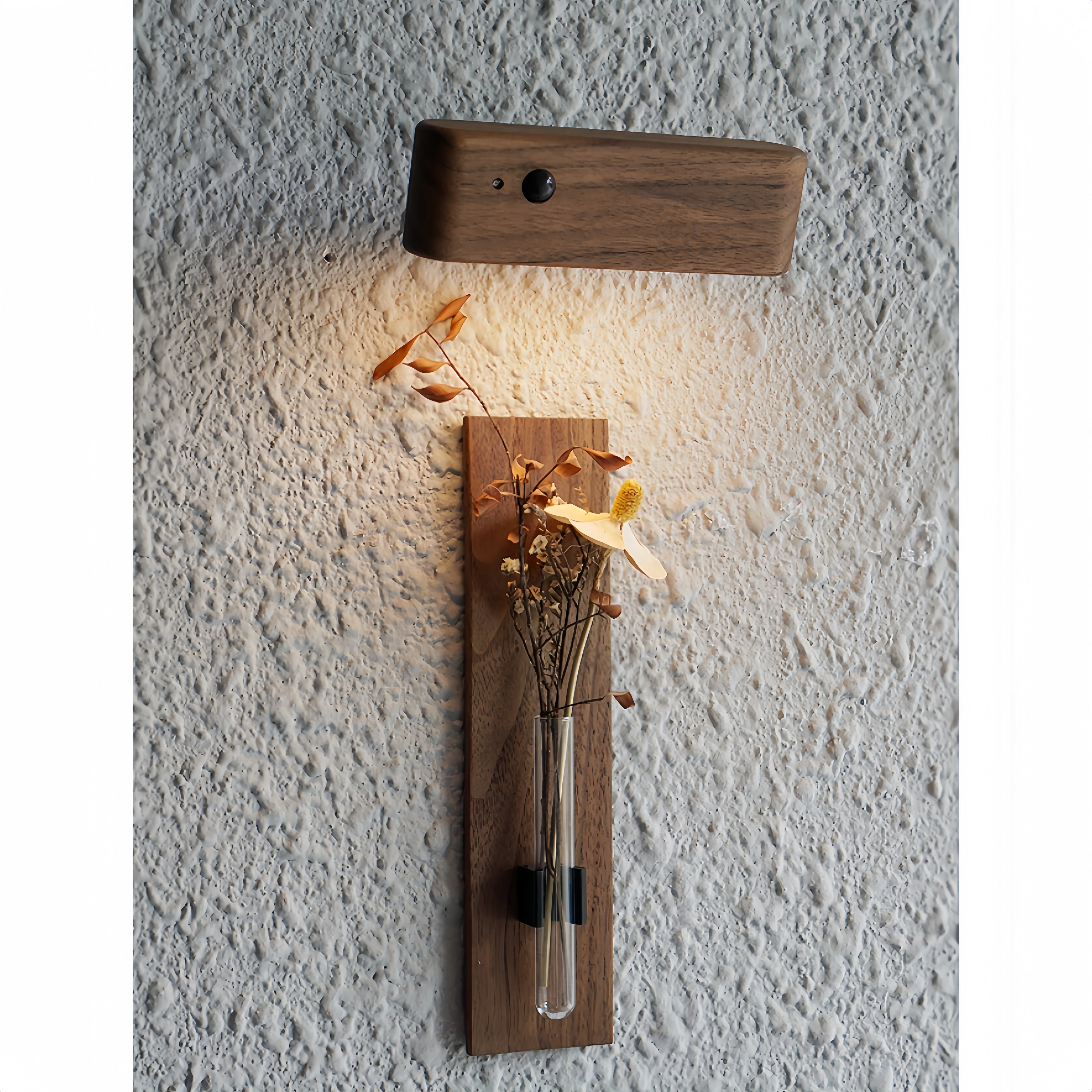 Wall-mounted, hole-free walnut solid wood small vase and motion sensor light