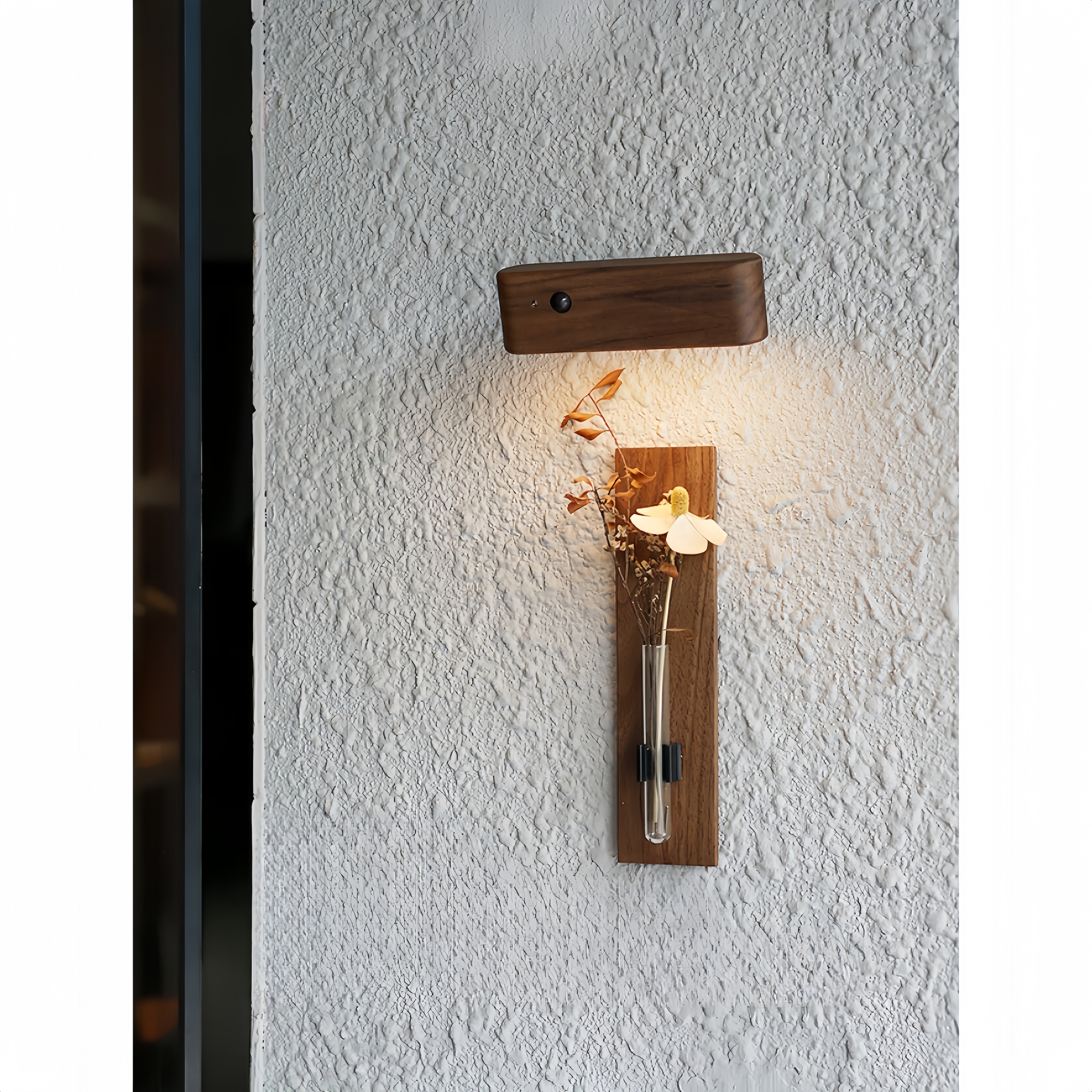 Wall-mounted, hole-free walnut solid wood small vase and motion sensor light
