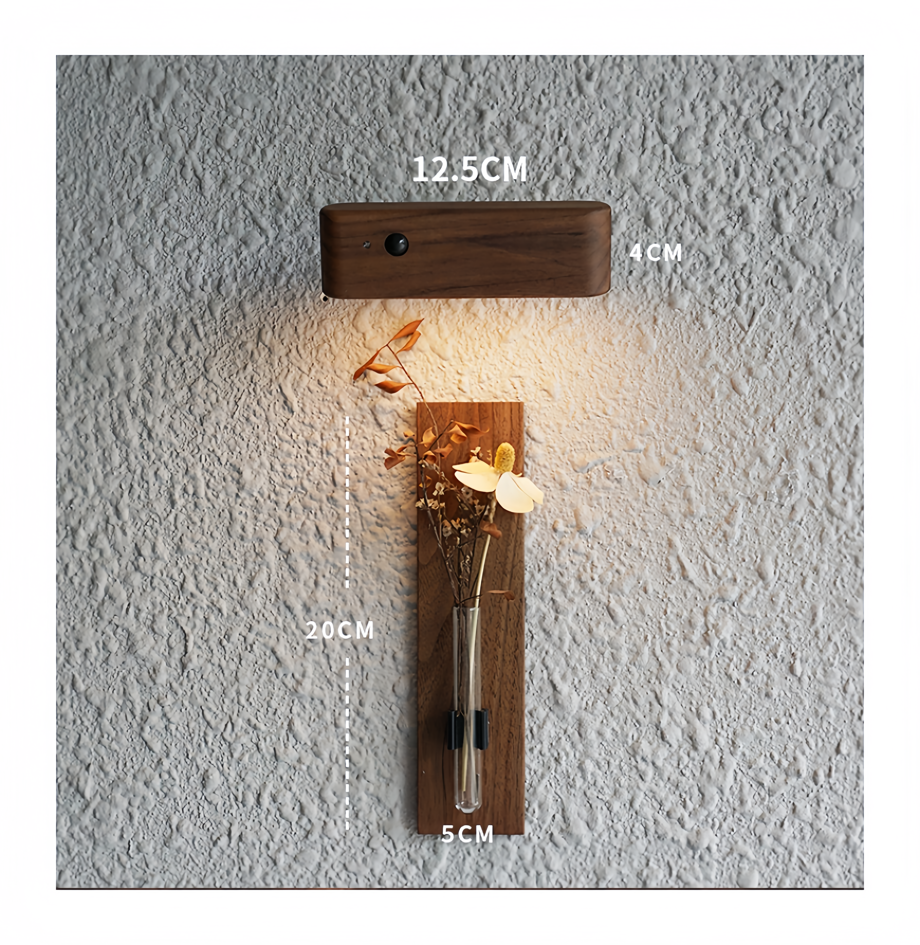 Wall-mounted, hole-free walnut solid wood small vase and motion sensor light