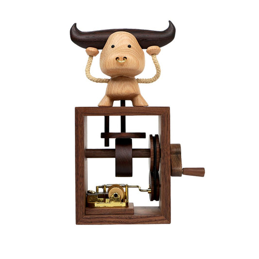 Handcrafted Wooden Cow-Themed Hand-Cranked Music Box (Melody : Castle in the Sky)