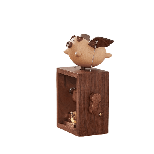 Handgefertigte Spieluhr aus Holz mit Handkurbel in Form eines fliegenden Schweins (Melodie: Das Schloss im Himmel) 