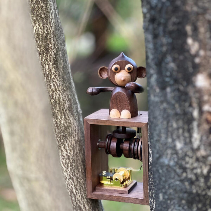 Handmade Monkey-Themed Wooden Hand-Crank Music Box (Melody Castle in t