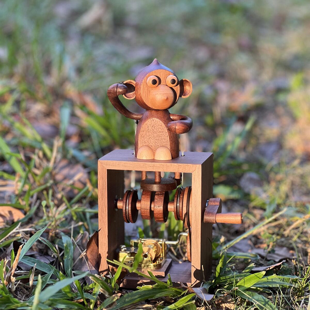 Handmade Monkey-Themed Wooden Hand-Crank Music Box (Melody Castle in t